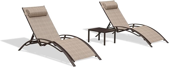 PURPLE LEAF Outdoor Chaise Lounge Chair Set of 3 Patio Pool Lounger Bronze Aluminum Chairs with Side Table Adjustable Tanning Recliner for Outside Backyard Yard Deck Balcony Beach Khaki