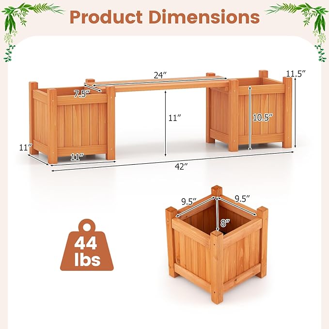 Giantex 4-in-1 Outdoor Bench with 4 Planter Boxes, Wood with Teak Oil Finish, Garden Bench Seat with Raised Garden Beds for Porch Balcony Lawn Yard, DIY Assembly, 42"x11"x11.5"