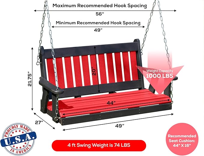 Poly Lumber Wood 4FT Mission Porch Swing Amish Craftsmandship Made in USA HDPE with No Wood fibers 1000 lbs Limit. Stainless Steel Hardware.Signature Design for Patio Outdoor Backyard Garden Park