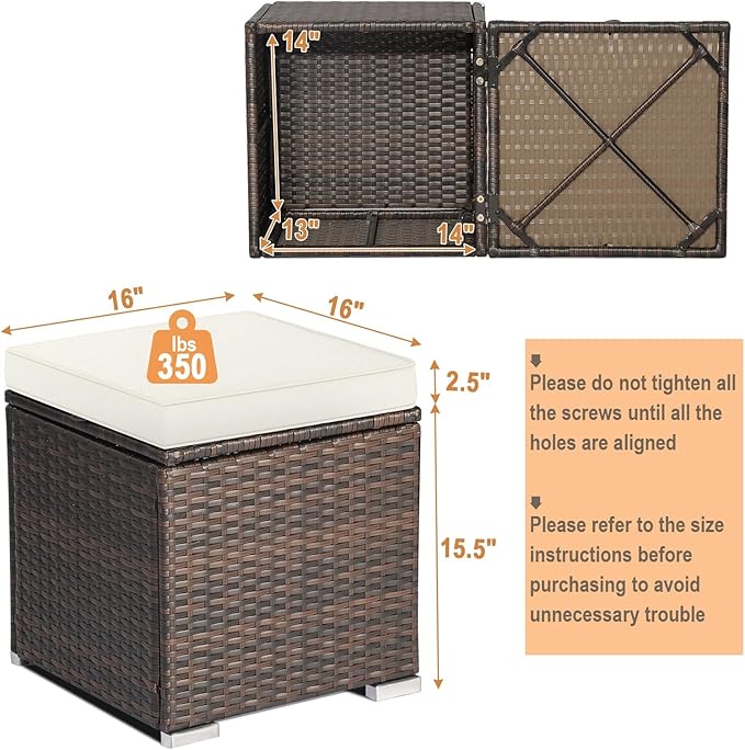 RELAX4LIFE Wicker Outdoor Storage Ottoman, 2-Piece Rattan Footstool w/Removable Cushion, Multipurpose Footrest Stool Side Table Additional Seating, Set of 2 Outdoor Ottomans for Patio Deck (Off White)