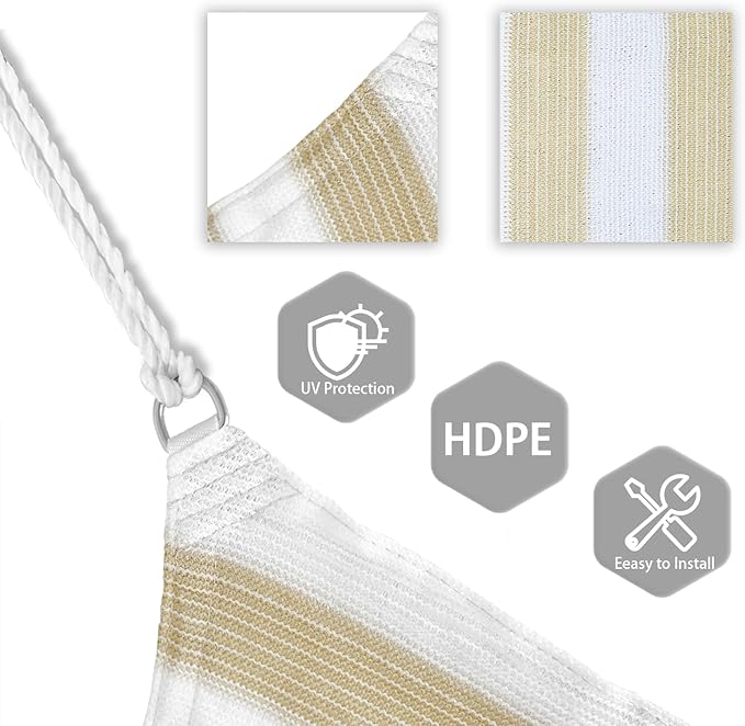 Patio Paradise 10' x 10' x 10' Sun Shade Sail Triangle Canopy Shade Cloth Fabric Sunlight Block Patio Pergola Cover HDPE Deck Awning for Outdoor Backyard Roof Shading, Beige White Strip