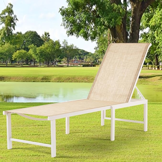 Outdoor Pool Lounge Chairs, Aluminum Patio Lounge Chairs, Five-Position Recliner Loungers for Poolside Yard Balcony Deck Beach (White,1PCS)