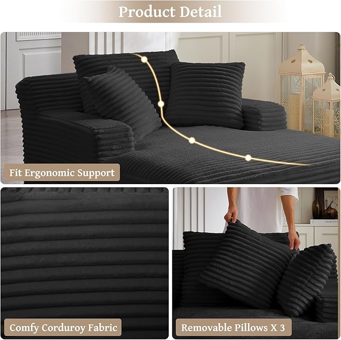 66" Chaise Lounge Chair Indoor, Oversized Boneless Couch Comfy Upholstered Sleeper Sofa Bed with 3 Pillows, Corduroy Cloud Reading Chair for Living Room No Assembly Required, Black
