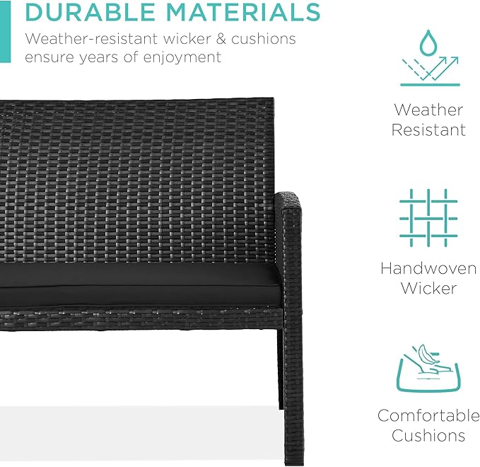 Best Choice Products 4-Piece Outdoor Wicker Patio Conversation Furniture Set for Backyard w/Coffee Table, Seat Cushions - Black/Black
