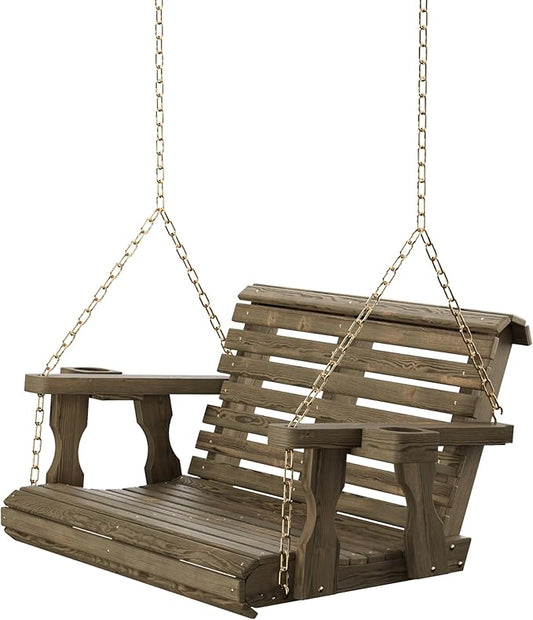 Amish Casual 3 Foot Roll Back Porch Swing with Cup Holders in Dark Walnut Stain - Amish Made in The USA from Treated Pine Heavy Duty 700 Lb. Weight Capacity