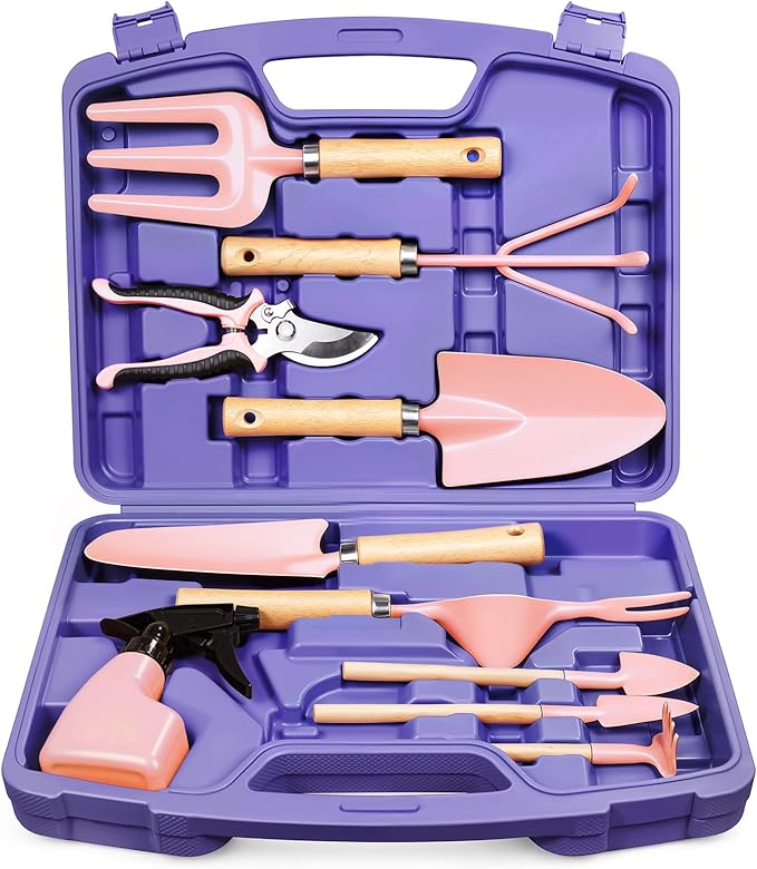 Grenebo 12-Piece Womens Gardening Tools Gift Set, Rust-Proof & Heavy-Duty Garden Tools with Durable Carrying Case, Fashionable & Thoughtful Gardening Gifts for Women&Men (Purple-Pink)