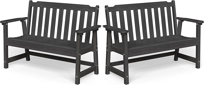 Ciokea 49" Heavy Duty Outdoor Bench Set of 2, HDPE Weatherproof Garden Bench, 2-Person Memorial Benches with 660 Lbs, Waterproof Patio Porch Benches for Outside Business Deck Office Backyard, Black
