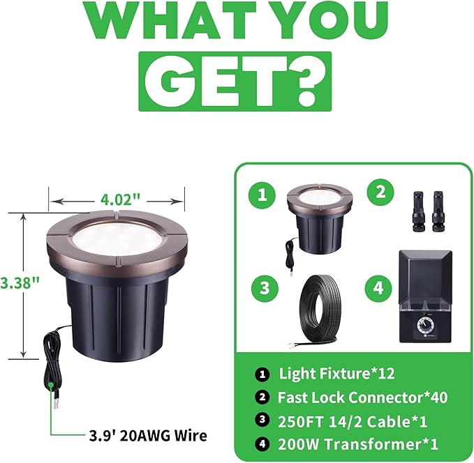 Ground Well Lights Kit, 12 Pack Landscape LED Low Voltage Inground Light and 200W Transformer and 250FT Cable and 40 Wire Connectors, Outdoor Waterproof IP67 Aluminum for Backyard Wall Lawn