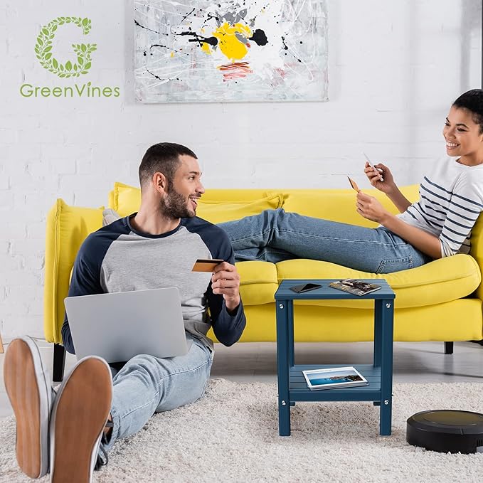 GREENVINES Adirondack-Outdoor-Side-Table | Set of 4 | 14 x 13 Inches | HDPE Plastic | All Weather | Blue | Outside End Tables | Storage Shelf | for Patio Porch Backyard Indoor