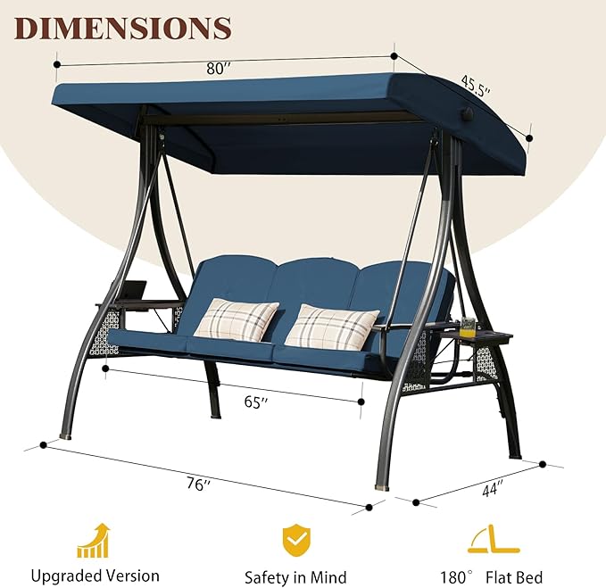 3-in-1 Convertible Outdoor Swing for Adults, Outdoor Porch Swing with Stand 800lb Bearing Capacity, 3-Seat Outdoor Swing with Canopy Adjustable, Thickened Cushions (Square, Blue)