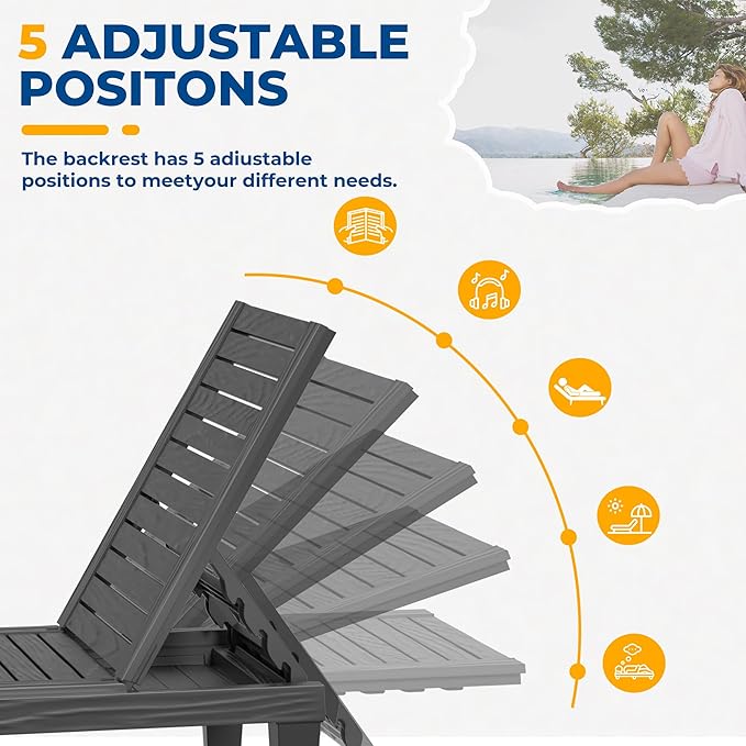 ROJIK Outdoor Chaise Lounge Chair Set of 4,with 5-Position Adjustable Backrest,Waterproof & Lightweight | Durable Indoor/Outdoor Patio Lounger Chair for Garden Pool Beach,Black
