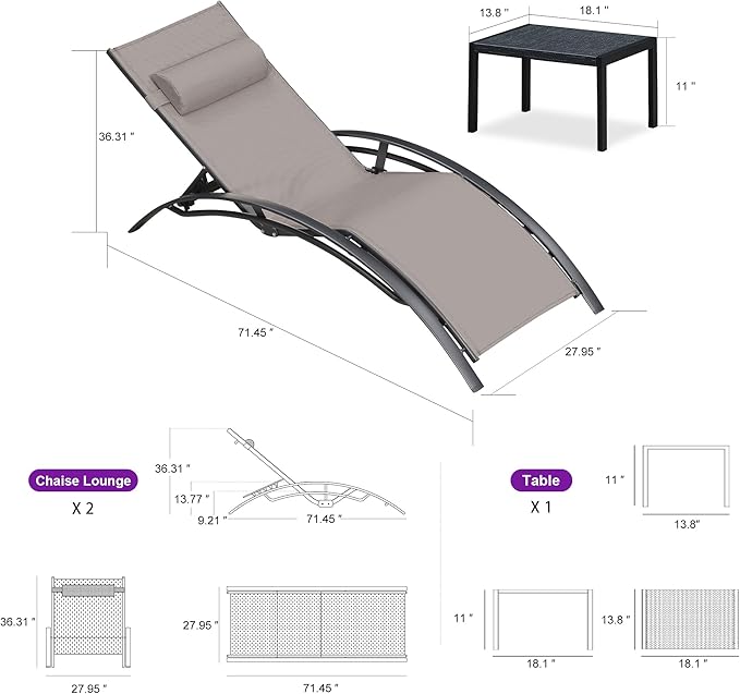 PURPLE LEAF Patio Oversized Chaise Lounge Chair Set with Side Table Pool Adjustable Recliner Chairs for Outside Beach Outdoor Sunbathing Tanning Poolside Lounges, Taupe