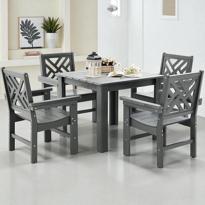 HDPE Outdoor Dining Set,5-Piece Outdoor Table and Chairs Include 4 Armchair Chairs and 35.5" Square Patio Dining Table with Umbrella Hole (Gray)
