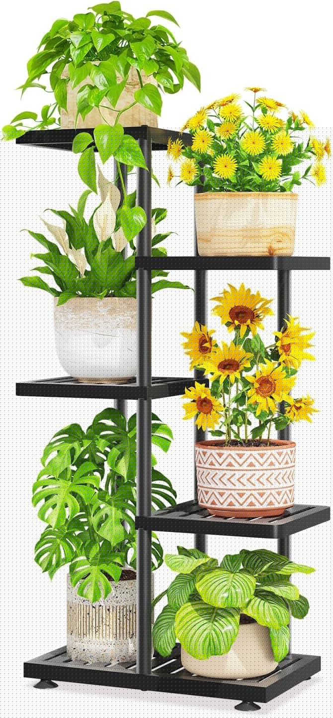 LASZOLA 4 Tier Plant Stand Indoors Outdoors for Large Heavy Duty Planter, Black Metal Tall Flower Holder Rack with Multiple Shelf for Modern Patio Corner, Vertical Organizer, Weather Resistant Bracket