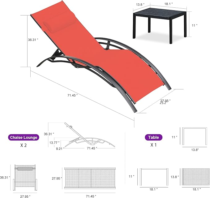 PURPLE LEAF Patio Oversized Chaise Lounge Chair Set with Side Table Poolside Adjustable Recliner Chairs for Outside Beach Outdoor Pool Sunbathing Tanning Lounger, Coral Red