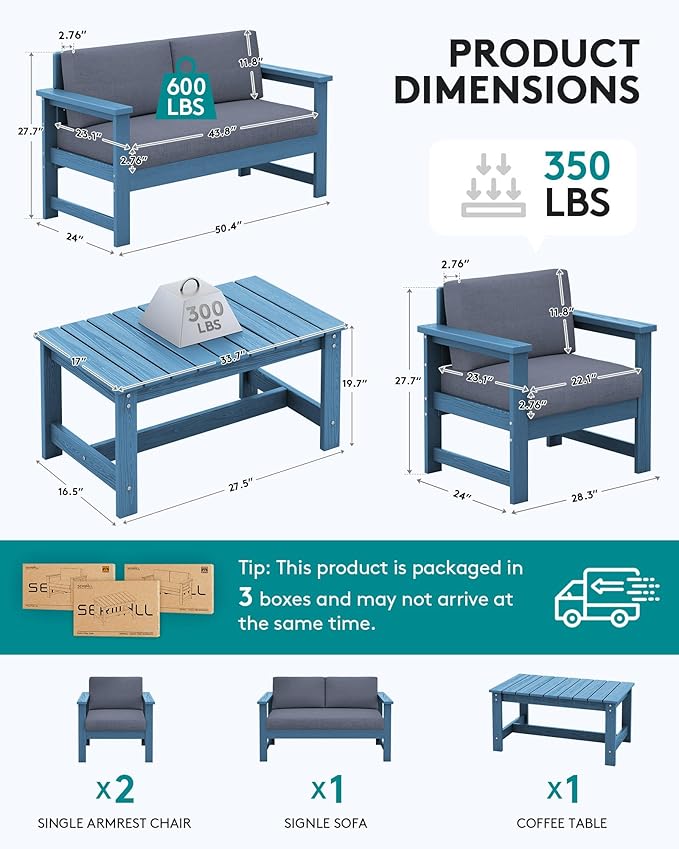 SERWALL 4 Pieces HDPE Outdoor Sofa Set with 10FT Patio Umbrella, All Weather Use Loveseat Furniture Sofa Set, Outdoor Conversation Couch with Coffee Table for Patio, Blue Frame with Grey Cushions