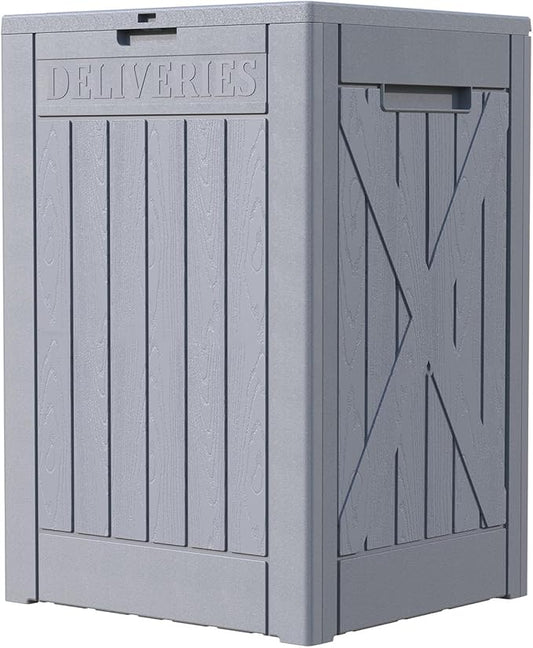 Patiowell 48-Gallon Resin Package Delivery Box for Outside, Waterproof Storage Deck Box with Lockable Secure (Grey)