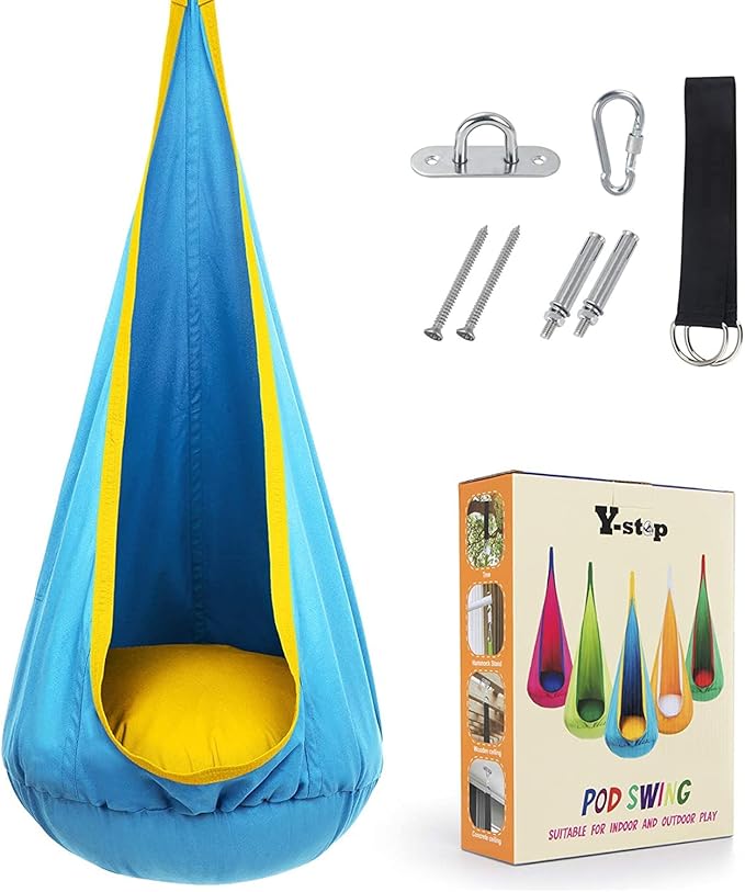 Y-STOP Kids Pod Swing Seat, Hanging Hammock Chair with Inflatable Pillow, Sensory Swing Chair with Pocket for Indoor and Outdoor (Blue Yellow)