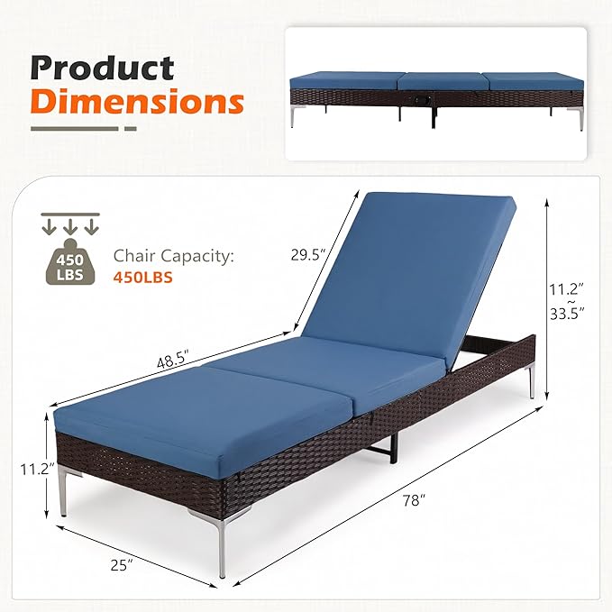 HOMREST Outdoor Chaise Lounge Chair Set of 2, Rattan Pool Sunbathing Recliner with Adjustable Backrest, Patio Wicker Lounge Chairs with Removable Cushion (Navy Blue)