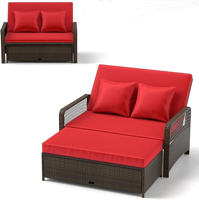 RELAX4LIFE Wicker Patio Outdoor Daybed - Rattan Sunbed Loveseat Sofa Set w/4-Level Adjustable Back, Cushions & Pillows, Storage Ottoman, 2-Person Bed Lounger for Backyard Porch, Patio Daybed (Red)