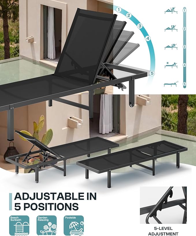 Pool Lounge Chairs Set of 3 (2 Loungers + 1 Side Table)，Outdoor Lounge Chairs with Wheels and 5-Position Recliner, Aluminum Patio Lounge Chair for Poolside, Deck (Black)