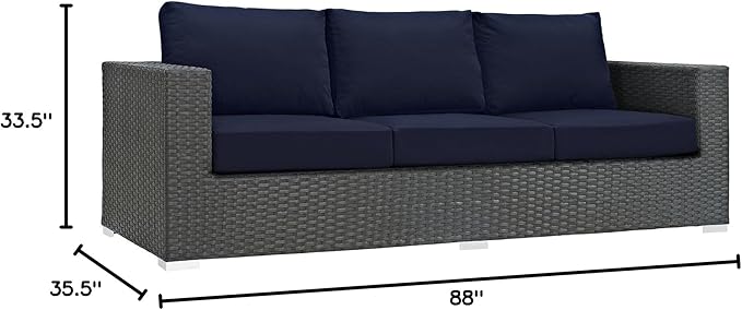 Modway Sojourn Wicker Rattan Outdoor Patio Sunbrella Fabric Sofa in Canvas Navy