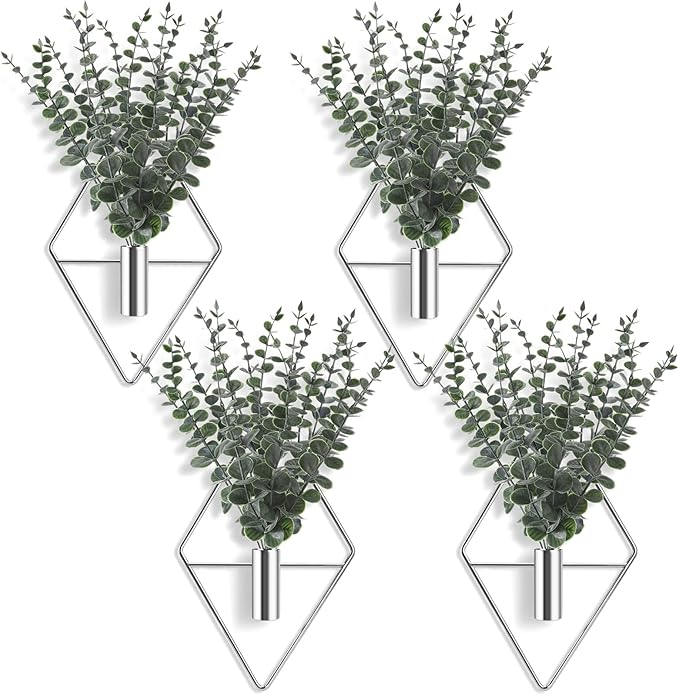 Jexine 4 Pcs Hanging Planters with Artificial Eucalyptus Metal Hanging Vase Indoor Plants Holder Modern Geometric Boho Bathroom Wall Decor for Living Room Home Office (Eucalyptus,Silver)