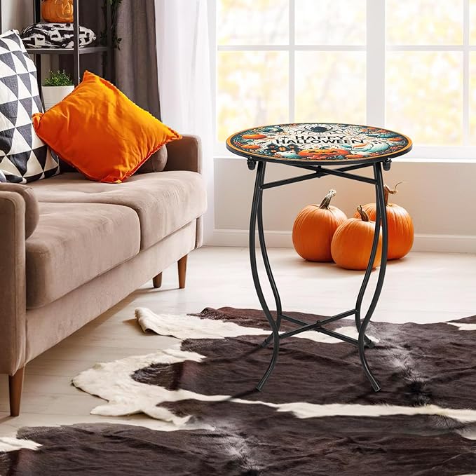Fashion&cool Patio Side Tables, 14 Inch Weather Resistant Metal Outdoor Side Table for Halloween, Round End Table Side Table for Patio Yard Porch Balcony Garden Bedside, Plant Stand (Orange-Pumpkin)