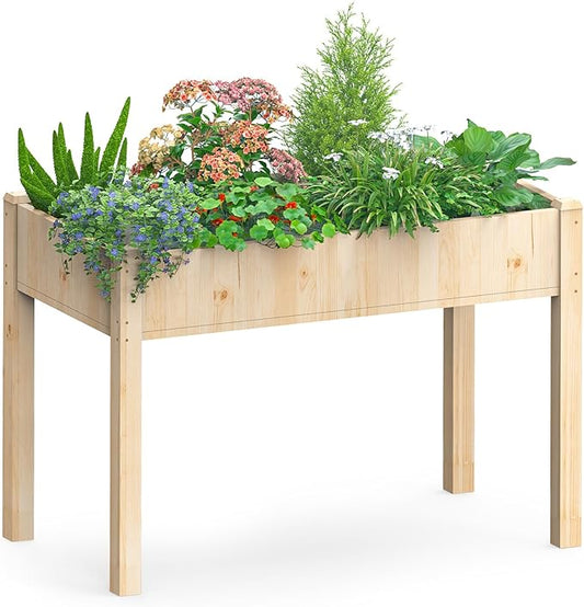 DUMOS Raised Garden Bed with Legs, 48x24x30in Wood Elevated Planter Box w/Bed Liner for Herbs Flowers Vegetables, 300lbs Capacity Outdoor Gardening Planters for Patio Balcony Backyard, Natural Wood