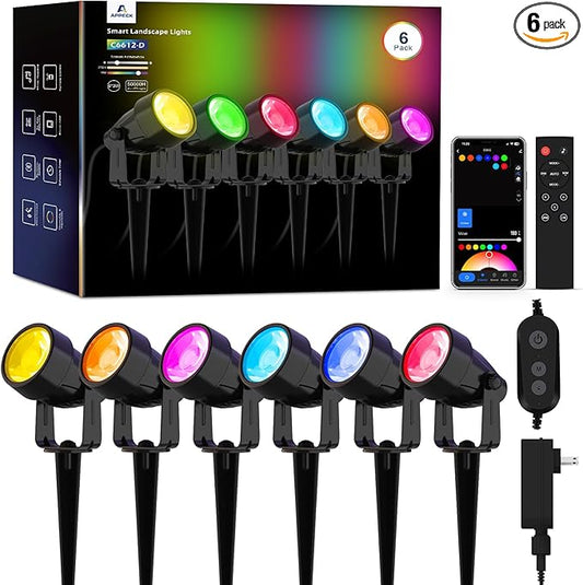 APPECK Landscape Lighting, RGBW Color Changing Low Voltage Landscape Lights with APP Control, IP65 Waterproof Outdoor Spotlights for Garden Yard Outside Decoration, 6 Pack