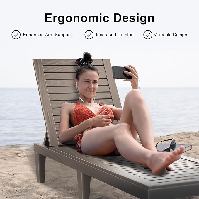 EasyUp Resin Chaise Lounge Chairs with 5-Position Backrest, UV & Fade-Resistant, Waterproof for Garden, Pool, Beach & Patio (Set of 2-Grey)
