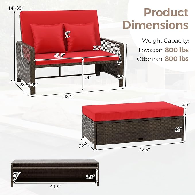 RELAX4LIFE Wicker Patio Outdoor Daybed - Rattan Sunbed Loveseat Sofa Set w/4-Level Adjustable Back, Cushions & Pillows, Storage Ottoman, 2-Person Bed Lounger for Backyard Porch, Patio Daybed (Red)