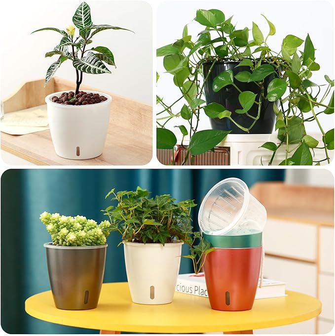 Self Watering Pots for Indoor Plants, 6-Pack 5'' Self Watering Planter with Drainage Holes, Small African Violet Pots with Water Indicator, Clear Wick Orchid Pot, Black