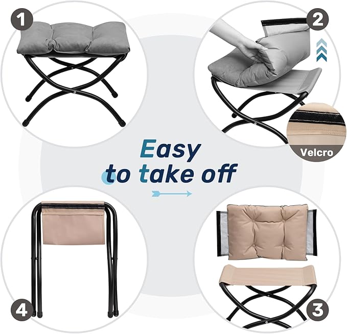 AbocoFur 15"(H) Folding Footrest Stool, Accent Padded Sofa Foot Stool for Lazy Chair, Upholstered Small Foldable Ottoman, Metal Frame Portable Foot Rest Ottoman for Lazy Chair, Bedroom, Dark Grey