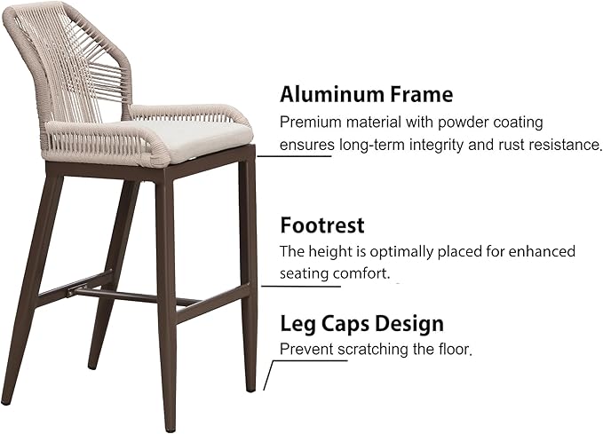 PURPLE LEAF Patio Bar Stool Bar Height Set of 2 Outdoor Rattan Chairs with Back Modern Aluminum Woven Barstools for Garden Indoor Kitchen Coffee