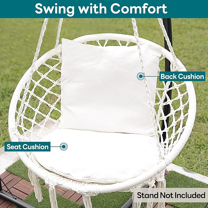 JoyView Macrame Hammock Chair Hanging Swing Chair Max 330 Lbs with 2 Cushions and Hardware Kits for Indoor Outdoor Bedroom Patio Garden - Light Grey