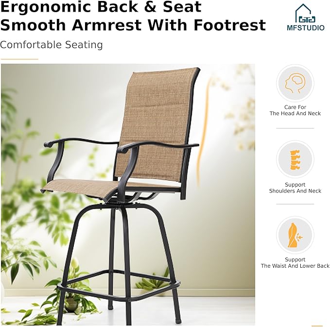 MFSTUDIO 5 Piece Outdoor Swivel Bar Set, Outdoor Bar Table and Chairs Set, Patio High Top Table and Chairs, Patio Dining Set Bar Height Table with 4 Chairs, Padded Textilene Stools for Outside