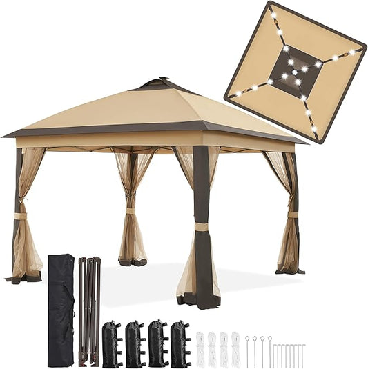 Yaheetech 11'x11' Pop Up Gazebo Instant Tent with 17 Solar LED Lights & Zippered Mesh Netting, Outdoor Shelter Sun Shade Gazebo with Sandbags for Backyard Garden Patio, Khaki & Brown