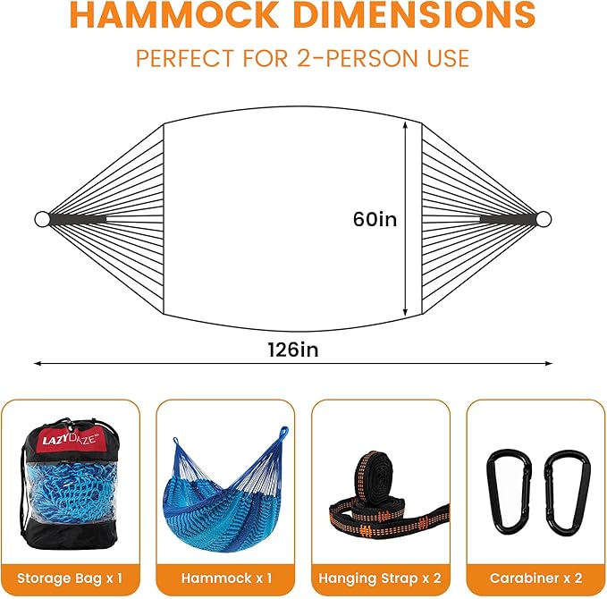 Lazy Daze Hammocks Handwoven Mayan Hammock, 10.5 FT Soft Rope Double Hammocks, Portable Outdoor Hammock with Carry Bag, 2 Straps & Carabiners for Patio Outside, 550 lbs Weight Capacity, Blue/Dark Blue