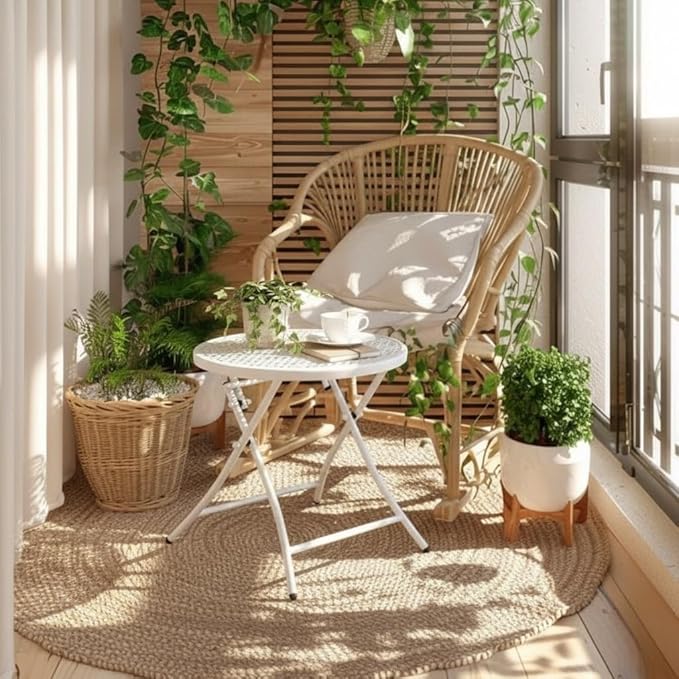 TeoKJ Folding Outdoor Side Tables, Anti Rust Small Patio Table Round Metal Nightstand with Flower Cutouts for Porch Yard Balcony Deck Lawn, White