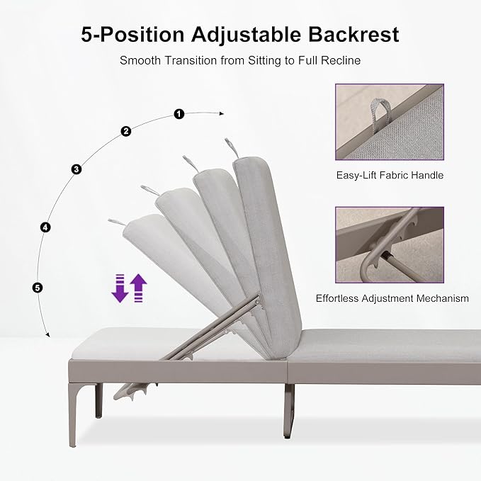 PURPLE LEAF Outdoor Chaise Lounge Set of 3 Aluminum Adjustable Patio Lounger Chairs with Cushions Reclining Beach Daybed for Poolside Balcony Deck Backyard, Champagne
