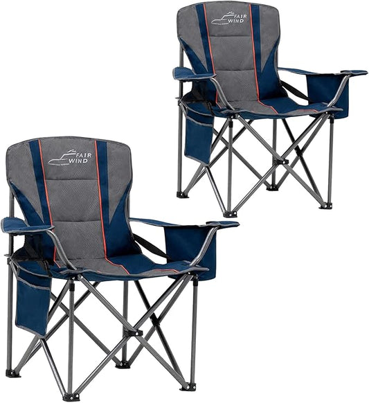 FAIR WIND 2 Pack Heavy Duty Camping Chair, Oversized Padded Folding Chair for Big and Tall (450lbs), Extra Wide Seat with Integrated Cooler & Storage Pocket, Adjustable Lumbar Support for Outdoor