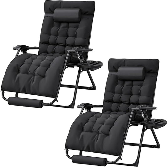 Homall Oversized Zero Gravity Chair, Set of 2 Recliner Lounge Chair with Removable Soft Cushion and Cup Holder, Adjustable Anti Gravity Chair Folding Patio Chairs Padded for Indoor and Outdoor (Black)