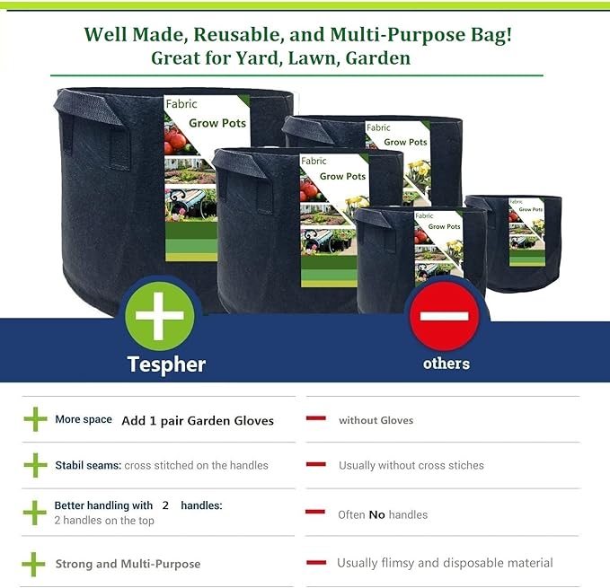 3-Pack 50 Gallon Thickened Plant Grow Bags Large (30x16 in) Heavy Duty Fabric Plant Pots Garden Bag for Potato,Tomato Planter,Herbs Veggies Planting,Flower Pots,Barrel Planter,Leaf Bag,Yard Waste Bags