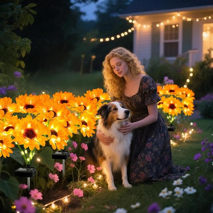 4 Pack with 24 Solar Sunflower Lights Outdoor Decorative Lights for Garden, Birthday Gift for Mom and Friends, IP65 Waterproof Sunflower Garden Stake Lights for Yard Patio Lawn Pathway
