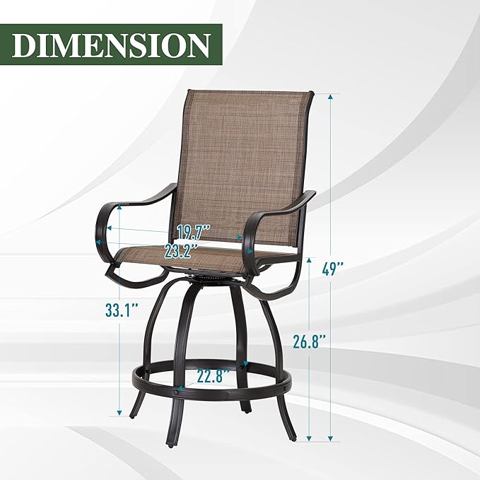 PHI Villa Outdoor Swivel Bar Stools Set of 8, Counter Height Patio Chairs with Waterproof Textile Fabric Brown, Rustproof Metal Frame & Circular Footrest for Poolside, Garden, Yard