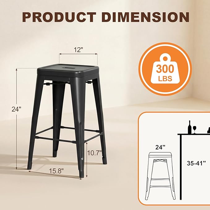 Shahoo 24 Inches Metal Bar Stools Counter Height Stackable Backless Stools, Industrial Patio Stools Indoor Outdoor Metal Kitchen Stools Set of 4 (Black, 24'')
