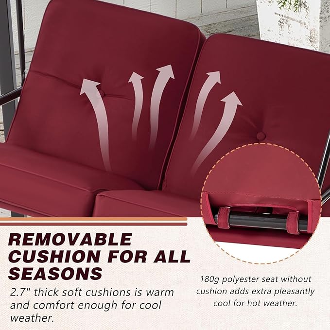 AECOJOY 2-Seat Outdoor Patio Swing Chair with Adjustable Canopy, Porch Swings Chairs for Adult, Outside Swing Bench with Removable Cushion, Suitable for Backyard, Garden, Yard, Poolside, Balcon, Red