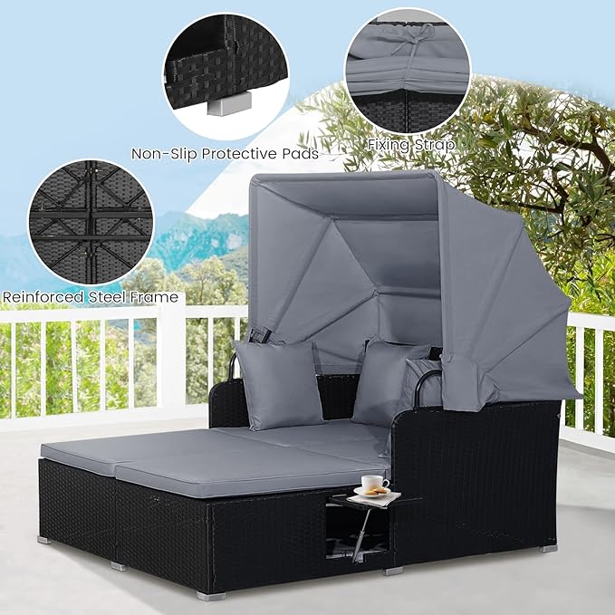 RELAX4LIFE Patio Outdoor Daybed with Canopy, Wicker Sunbed w/Cushions, 4 Pillows & 2 Retractable Side Trays, 2-Person Lounge Bed Conversation for Poolside Porch Garden, Rattan Outdoor Bed (Grey)