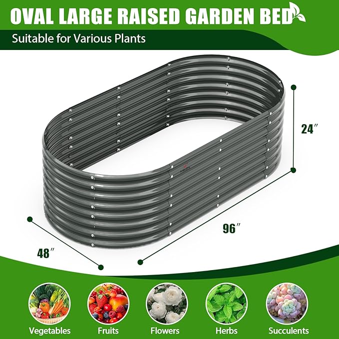 A ANLEOLIFE 2-Set 8X4X2 ft Galvanized Raised Garden Bed Kit, Oval Metal Deep Root Planters for Outdoor Plants, Quartz Grey